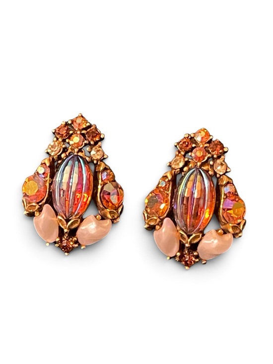 Florenza Jewelry - Vintage Florenza Oil Slick Baby Teeth Pearl Rhinestone Clip On Earrings